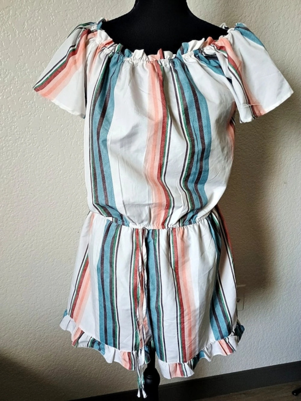 Stylehouse Striped Off-Shoulder Romper in White & Blue Size XL Like New